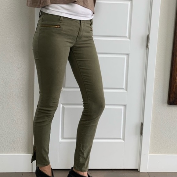 Banana Republic Pants - Banana Republic Olive Army Green Jeans with Gold Zipper Accents and Split Hem